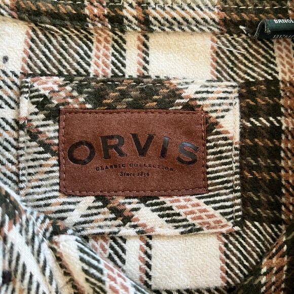 Orvis Plaid Flannel Button Shirt Men Cotton Green Brown Check Soft Heavy Medium - Picture 6 of 9